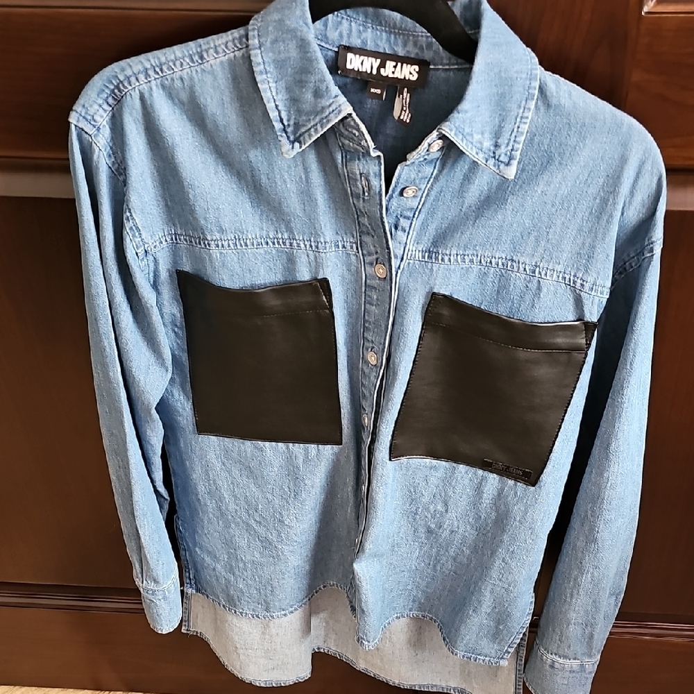DKNY Jeans Denim Shirt with Black Faux Leather Pockets High Low Style